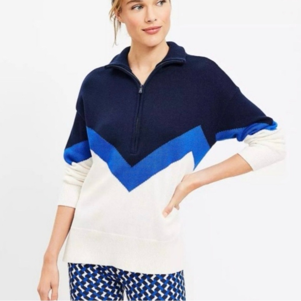 LOU & GREY Chevron Blue Off White Quarter Zip Color Block Cotton Knit Sweater M
